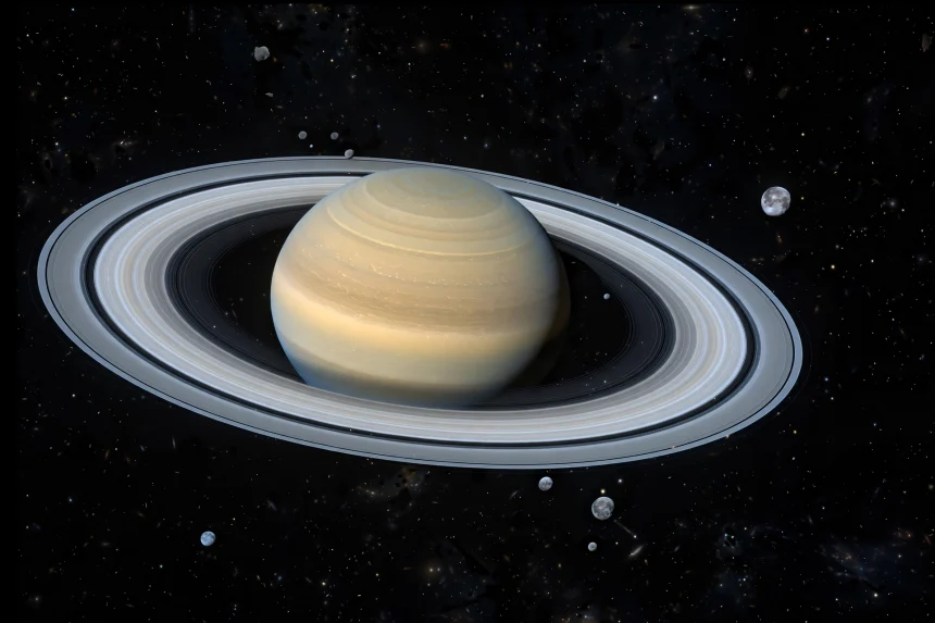Newsroom style image of Saturn with charts showing a rising moon count