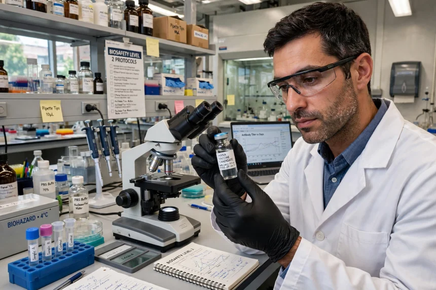 Journalist reviewing a clinical trial report about a personalised vaccine