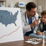 Public health concept showing measles cases rising across the United States
