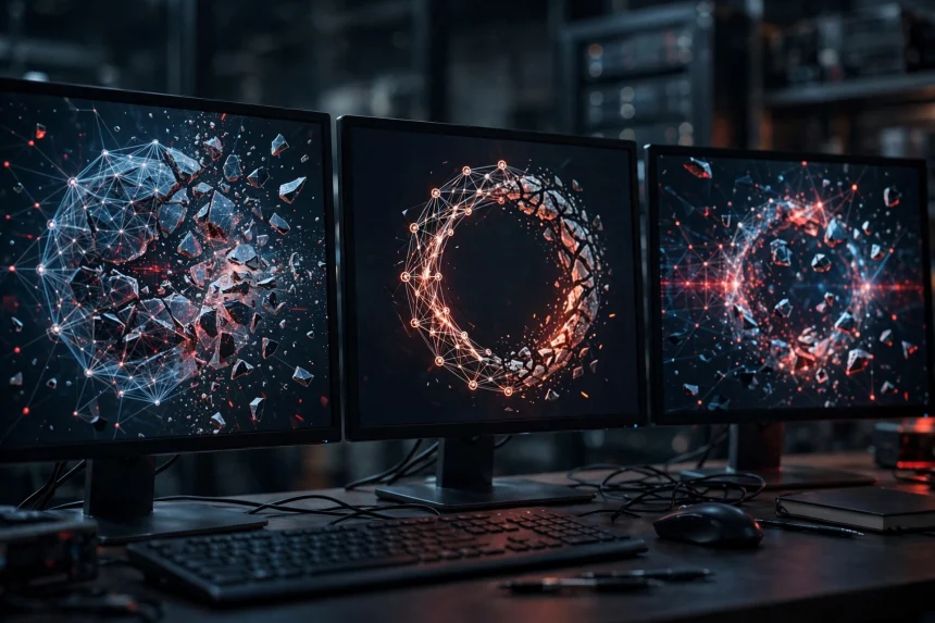 AI technology concept showing a digital web network under strain